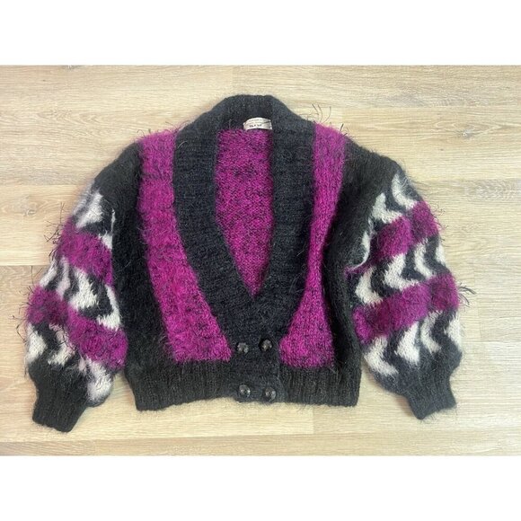 Vtg 80s Cardigan Sweater Women XL Fuchsia Mohair ? Scotland Double Breasted Cozy - Picture 1 of 8